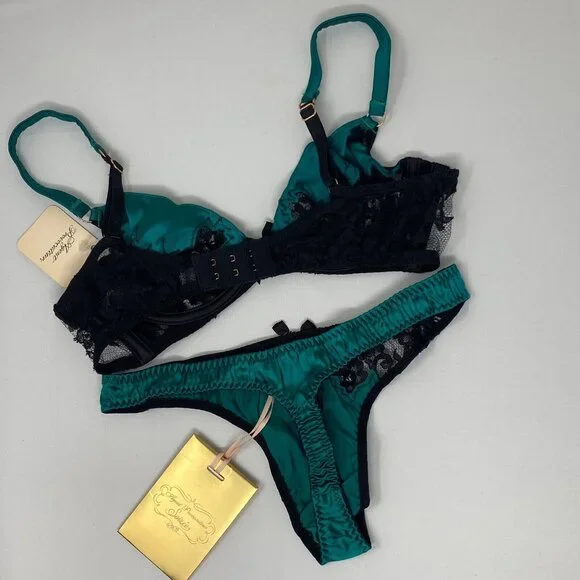 Agent Provocateur Nayeli SOIREE Green Black Silk Set 32B/2 NWT